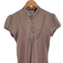 Mango  Womens Top Brown Striped Button Front Band Collar Puff Sleeve Shirt Photo 6