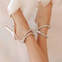 Lulus Lelanee White Satin Rhinestone Bow Ankle Strap Pumps Photo 2