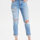 American Eagle Stretch Tomgirl Jeans Slashed Sky Destroyed Ripped BF Boyfriend 0 Photo 0