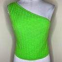 Free People Beach Mary One Shoulder Crop Top XS Green Ribbed Knit Linen Blend Photo 0