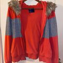 American Eagle AEO Faux Fur Trim Lined Orange & Gray Zip Hoodie - size XL Photo 2