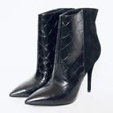 Brian Atwood  Black Suede Embossed Croc Leather Pointed Toe Heel ankle Bootie Photo 0