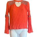 Rock & Roll Cowgirl  Womens Small Orange Aztec Embroidered Keyhole Boho Blouse Top Photo 0