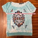 Sweater Project  Light Aqua Blue Aztec Short Sleeve Oversized Blouse Size XL Photo 6