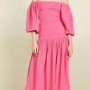 Harper RHODE  Smocked Off Shoulder Puff Sleeve Hot Pink Midi Dress Gauze Cotton Photo 0