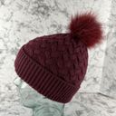 Vintage Mitchie's Maroon Wool Cable Knit Beanie Faux Fur Pom Pom Red Photo 3