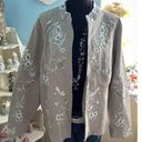 Denim & Co Jacket Beige Embroidered White Green Floral Zip Up Jacket Photo 0