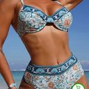 SheIn Two Piece Blue Floral Print High Waist Bikini Size Medium Photo 3