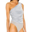 NBD  Miles One Shoulder Ruched Bodysuit Blue Top LARGE Satin Goddess Designer Photo 2