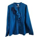 Worthington  Button Poplin Long Sleeve Ruffled Rosette Blue Shirt Blouse Size XL Photo 0