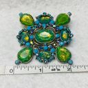 Statement Brooch Pin Greens Blues Clear Iridescent Stones Silver Tone Metal Photo 3