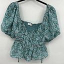 ASTR the Label Puff Sleeve Smocked Peplum Blue and Pink Floral Top Photo 1