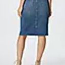 NYDJ Denim Midi Skirt Size 8 Front Patch- Clean Seline Knee Length Blue Fringe Hem Photo 3