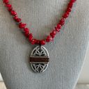 Coldwater Creek Fabulous Beaded  Necklace Red Stone Chips Silver Pendant Photo 3