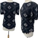 Scala Vintage  Pure Silk Beaded Pearl Top Short Sleeve Black White Womens size XL Photo 13