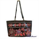 Isabella Fiore Black Leather Floral Beaded Tote Bag Photo 0