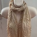 Beige pleated textured acrylic semi sheer scarf with fringe trim, size 69»x15” Photo 0