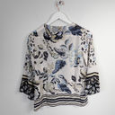 Hale Bob  100% Silk Blue White Floral V-Neck 3/4 Sleeve Flowy Blouse Photo 1