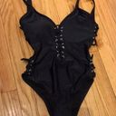 One Piece NWT Bikini  Lace Up Plunge Sides Open Low Back Bust Padded Tong V Deep Neck Backless Swimsuit Beach Summer Sexy rave goth corset cutouts sides Y2K Whimsgoth Whimsical Rave Goth Photo 1