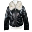 Unreal Fur Wet Look Aviator Biker Jacket Faux Leather & Fur Black Size Large NWT Photo 0