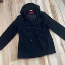 Anne Klein  Wool Pea Coat Hooded Black Double-Breasted Buttons Women's Size PL Photo 0