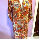 H.I.P. Retro Orange Floral Duster Kimono Short Bell Sleeves Open Front Rayon M/L Photo 0