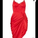 Pretty Little Thing Red Strappy Satin Gathered Midi Dress in Red Photo 2