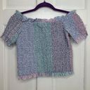 Revolve Petersyn Kinsey Smocked Off The Shoulder Ruffle Top in Pink/Blue/Purple - Large Photo 6