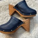 SILVIA COBOS Sz 8 Navy Bow DAILY CLOG LEATHER SLIP ON CLOGS Wood Platform Heel Photo 1