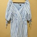 Ann Taylor  Blue + White Puff Sleeve Wrap Tie Detail Mini Dress Size Medium Photo 3