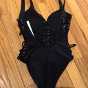 One Piece NWT Bikini  Lace Up Plunge Sides Open Low Back Bust Padded Tong V Deep Neck Backless Swimsuit Beach Summer Sexy rave goth corset cutouts sides Y2K Whimsgoth Whimsical Rave Goth Photo 3