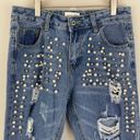 MIDNIGHT MUSE Pearl Rhinestone Embellished High Rise Distressed Boyfriend Jeans Blue Size 28 Photo 2