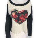 Wet Seal Vintage  Sweater Cream Black Colorblock Dark Floral Heart Print Boxy Photo 0