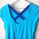 Lucy Activewear  Women's Bright Blue Cross Back Short Sleeve Fitted Workout Top Photo 4