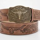 Western Bull Head Buckle Unisex Belt Vintage Style Embossed 37” Faux Leather Tan Photo 7