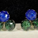 Vintage Blue  And Green Earrings, Gold Tone Clip On Faceted Plastic Glitter Beads Photo 0