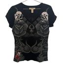 Ed Hardy Vintage  Skull and roses vneck women's tshirt size large Photo 0