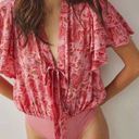 Free People Call Me Later Bodysuit Pink Paisley Ruffled Flutter Sleeve Photo 0