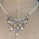 Monet Vintage  18” Silvertone Metal Chain Hanging Dangly Bib Style White Faux Pearl Rhinestone Photo 3