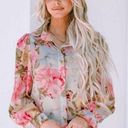 NEW Pastel Floral Print Flowy Button Front Blouse with Long Puff Sleeves Size M Photo 0