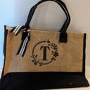 Top Design Monogrammed Initial “T” Jute Canvas Tote Bag​​ Tan Photo 0