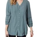 J.Jill  Tunic Top Womens XL Petite Blue Spruce Embroidered Pintuck Button Blouse Photo 0