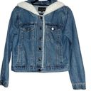 Haute Monde  Women's Denim Jacket, Faux Fur Hood Open Front Button Closure S NWOT Photo 0