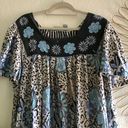 Vintage Blue and black floral animal cheetah leopard zebra granny maxi loose flowy milkmaid nightgown with a square neckline and short sleeves Photo 0