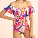 Trina Turk NWT  Sevilla Ruffle One Piece Swimsuit Pink Blue Combo Women’s Size 14 Photo 6