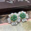 Petal 1950s Vintage Large Green Jade White Flower  Earrings Gold Tone Photo 2