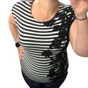 W5  SMALL Black & White Striped Floral Detail Short Rolled Sleeve Tee Top Photo 1