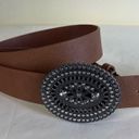 Brown Faux Leather Belt Silver Rhinestone Buckle Western Boho L/XL Photo 5