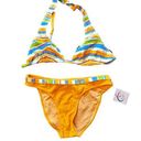 NWT Y2K Buzois Orange White Blue Stripe Halter Top Bikini Set Size Large Photo 0