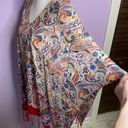 Poncho Kimono Swim Cover Red Paisley Tassel Double V Neckline Shawl Rayon Wrap Size L Photo 3